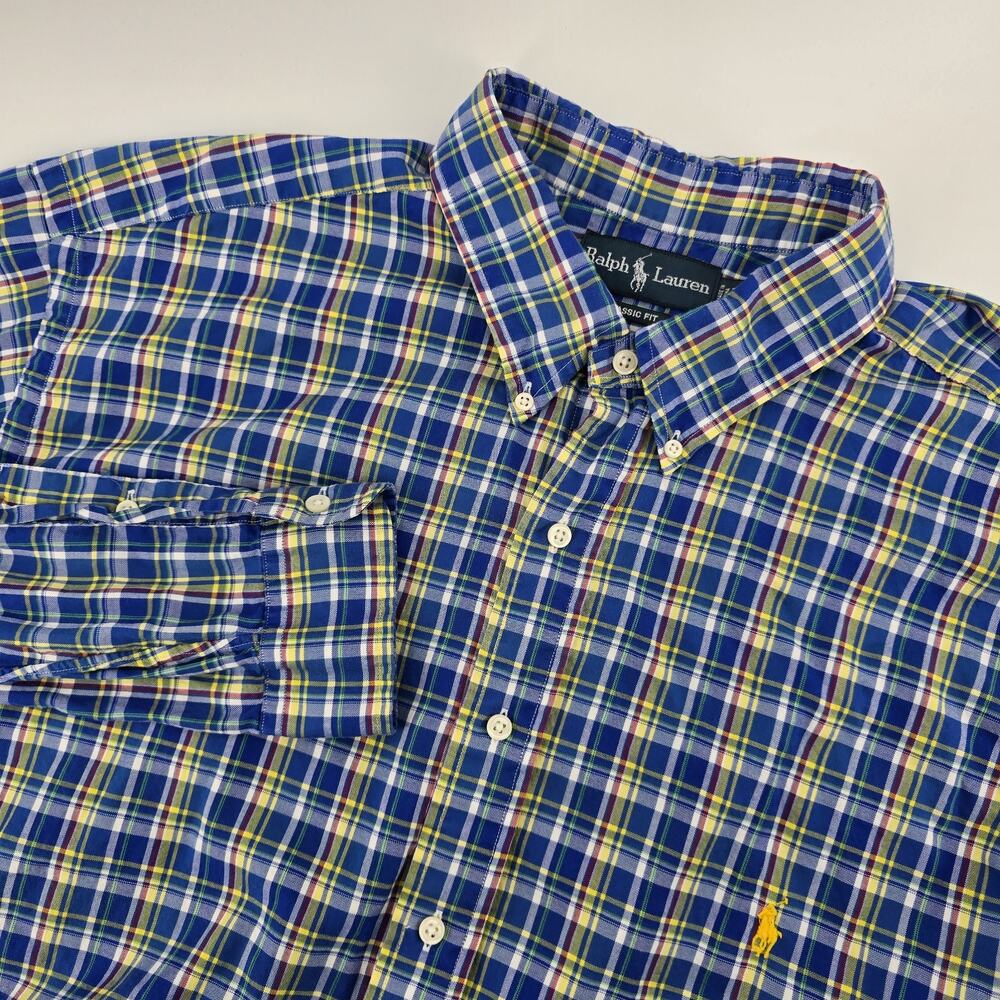Ralph Lauren Button Down Shirt Mens 2XLT Blue Plaid Classic Fit Long Sleeve Tall